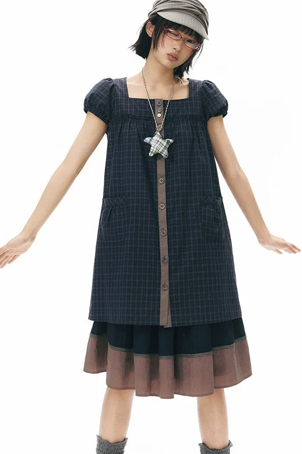 Plaid Puff Sleeve Babydoll Dress
