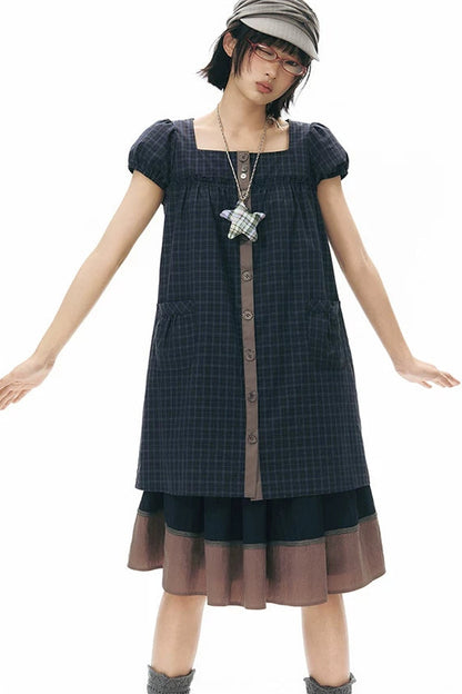 Plaid Puff Sleeve Babydoll Dress