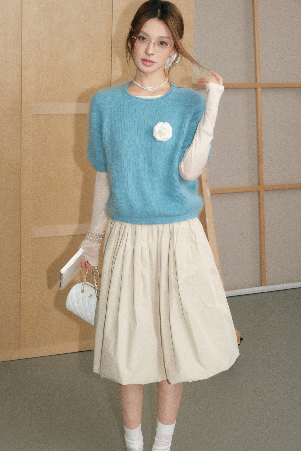 Mid-Sleeve Brushed Wool Pullover Top and A-Line Skirt Set-Up