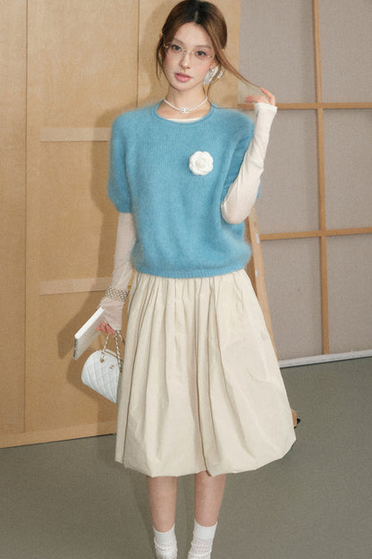 Mid-Sleeve Brushed Wool Pullover Top and A-Line Skirt Set-Up