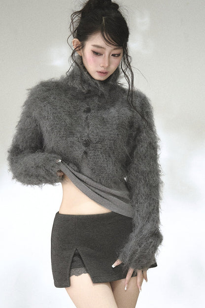 Long-Haired Turtleneck Knit Cardigan