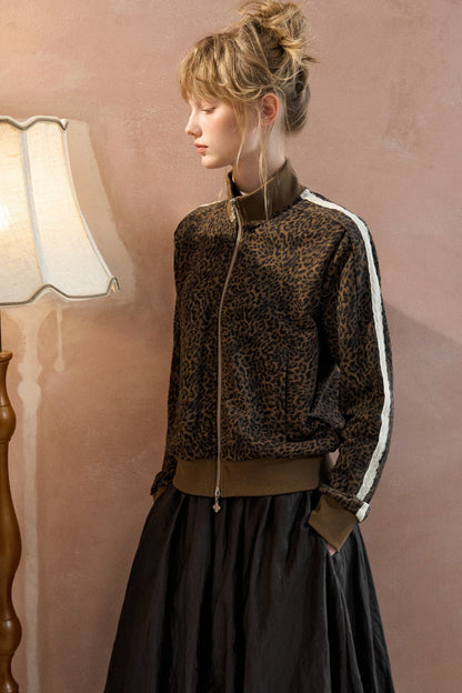 Leopard Print Zip Stand Collar Cardigan