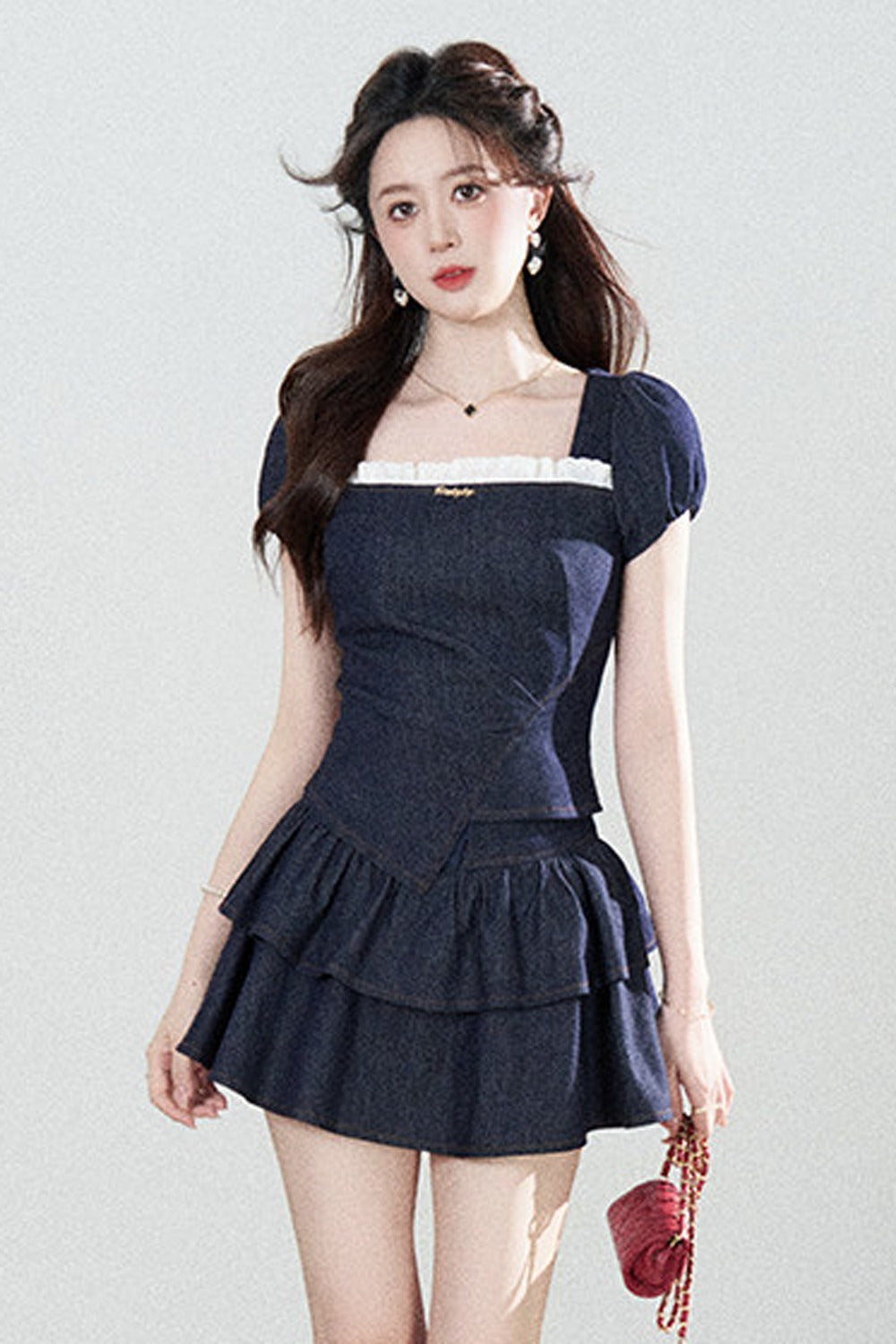 Denim Puff Sleeve Top And Skirt Set