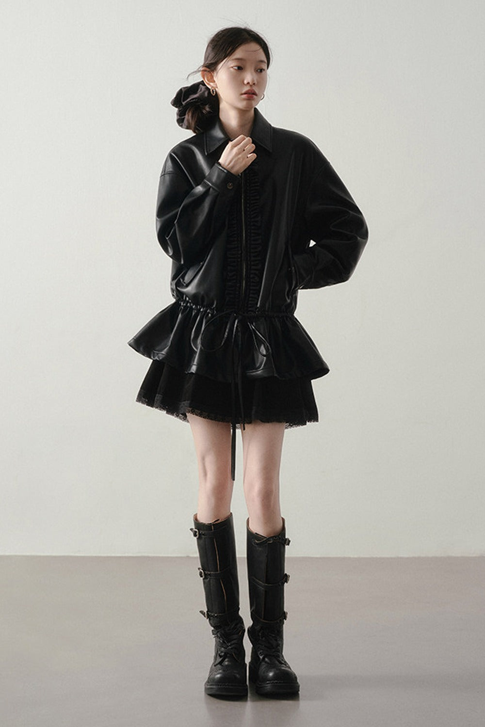 Drawstring Design Leather Jacket