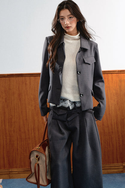 Relaxed Retro Lapel Top and Lace Waistband Pants Set-Up