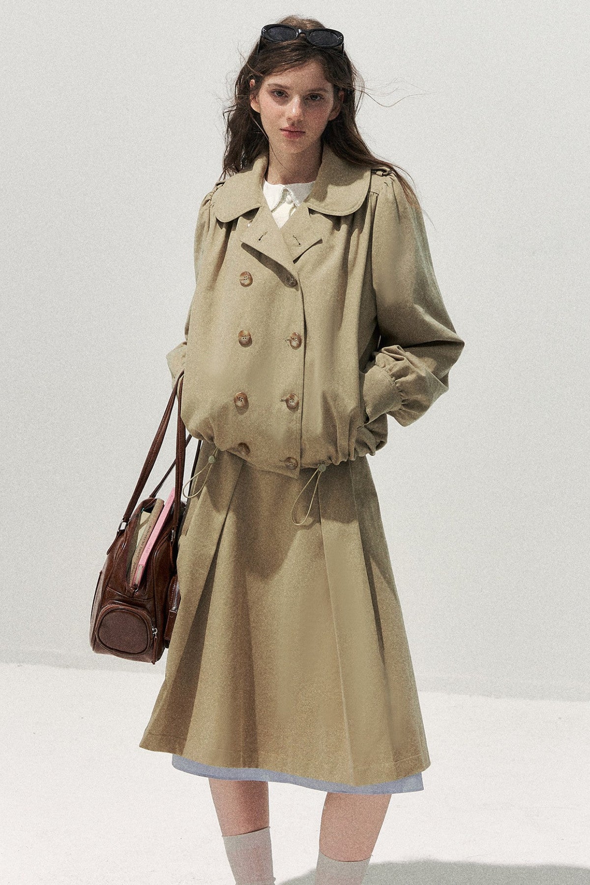 Khaki Short Trench Coat and Skirt Set-Up