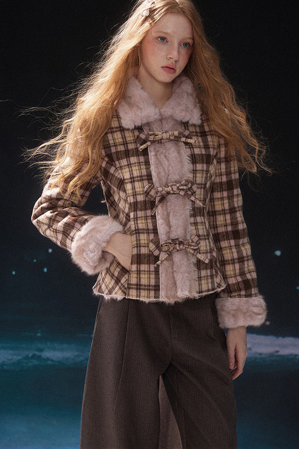 Bowknot Faux Fur Padded Coat