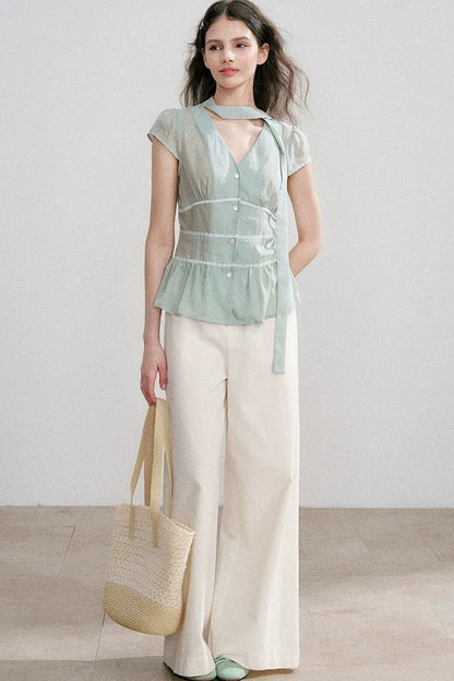Tencel V-Neck Ribbon Blouse