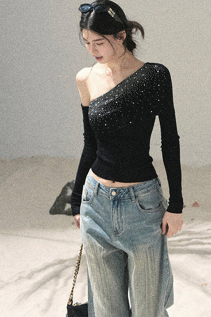 American-Style Rhinestone Wide-Leg Jeans