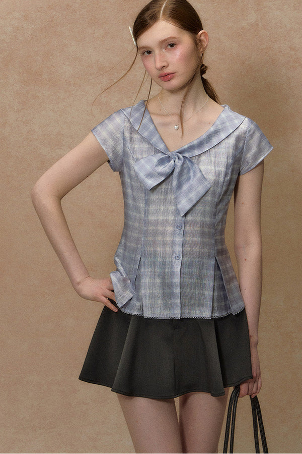 Pink Plaid V-Neck Short Shirt