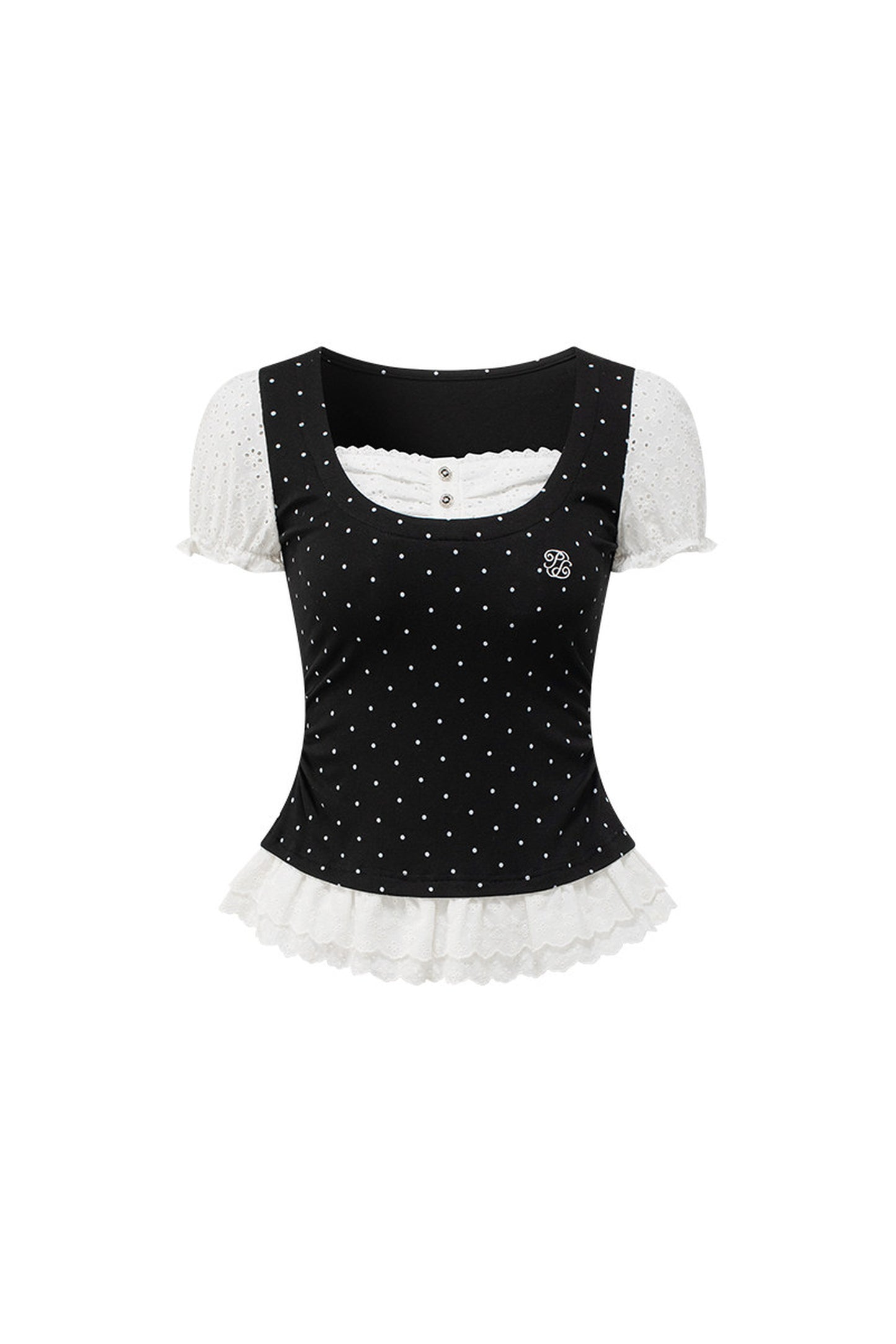 Polka Dot Lace Trim Puff Sleeve Top