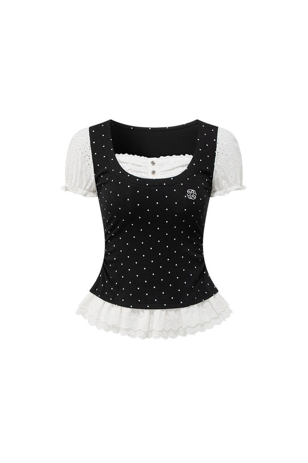 Polka Dot Lace Trim Puff Sleeve Top