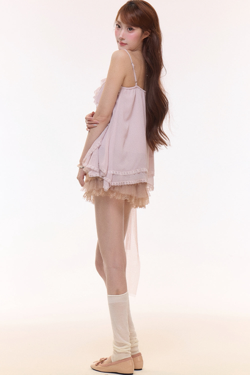 Irregular Ruffle Chiffon Camisole and Tulle Cake Skirt Set-Up