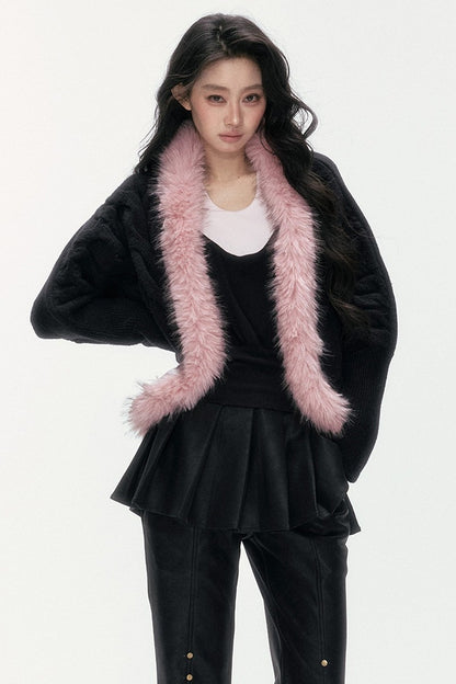Detachable Fur Collar Batwing Knit Cardigan