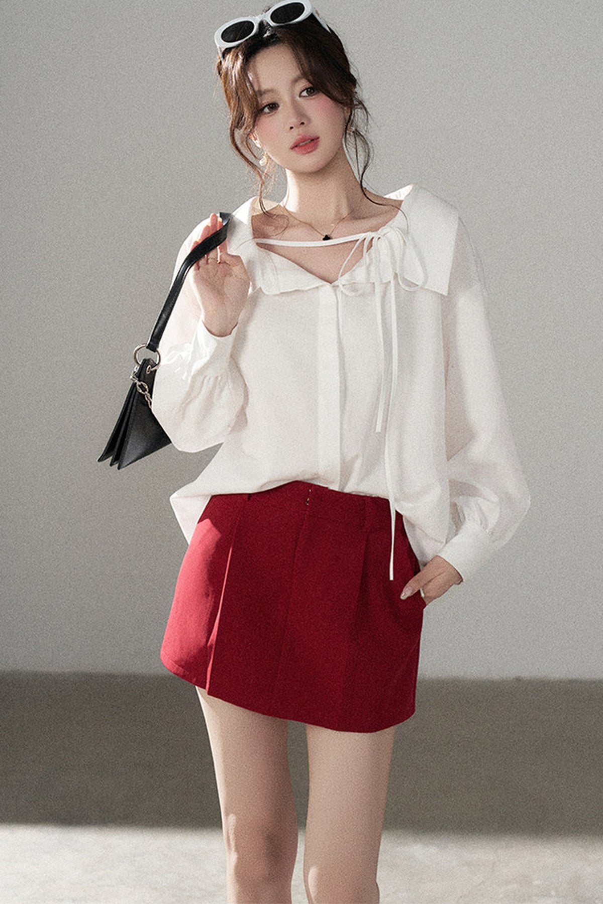 Long-Sleeve V-Neck Shirt and Skirt Set-Up