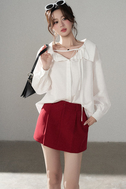Long-Sleeve V-Neck Shirt and Skirt Set-Up