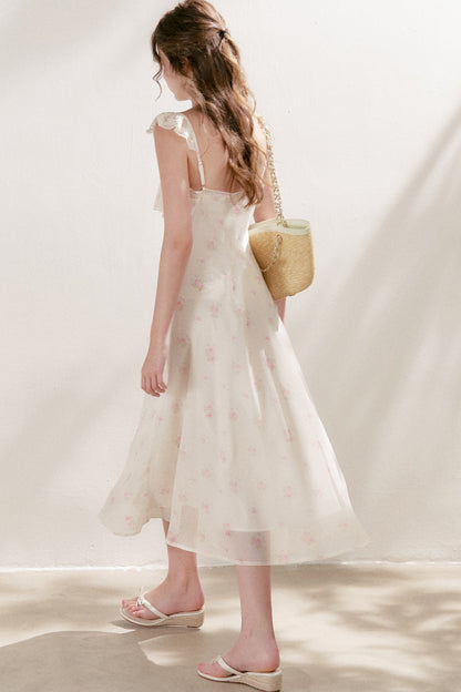Hand-Painted Blurred Rose Print Lace Patchwork Long Dress