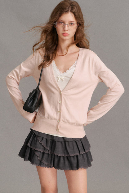 Long-Sleeve V-Neck Lace Trim Patchwork Knit Cardigan
