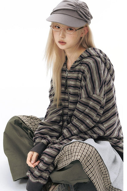 Reversible Striped Hooded Knit Cardigan
