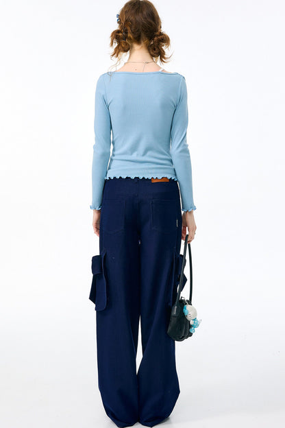 High-Waisted Bow Pocket Wide-Leg Pants