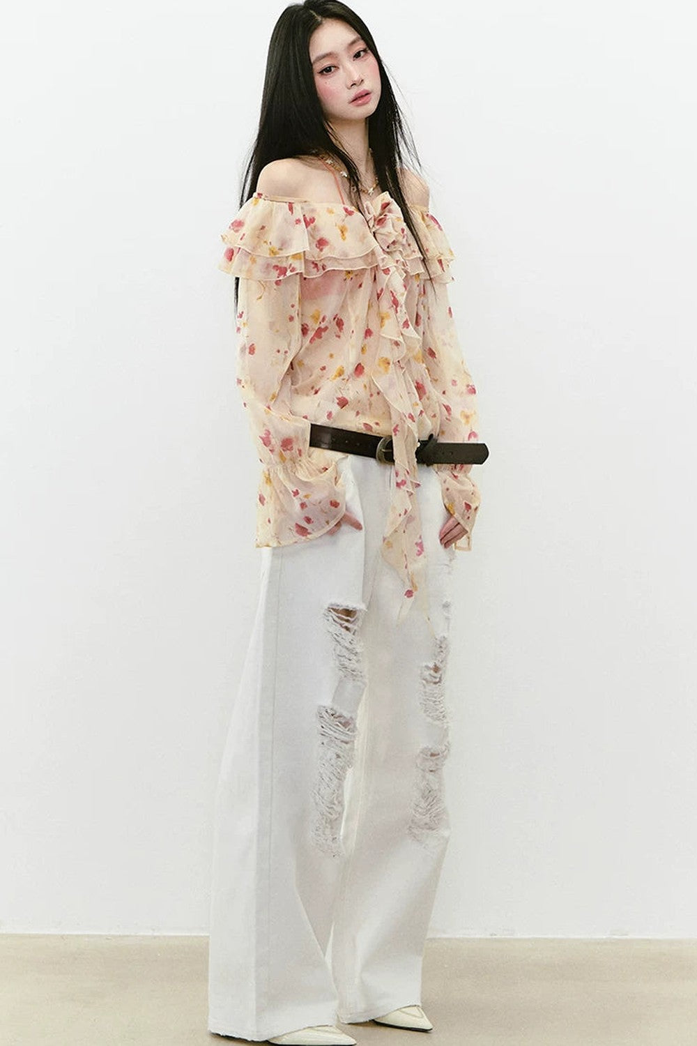 Elegant Floral Off-Shoulder Chiffon Top Set-Up