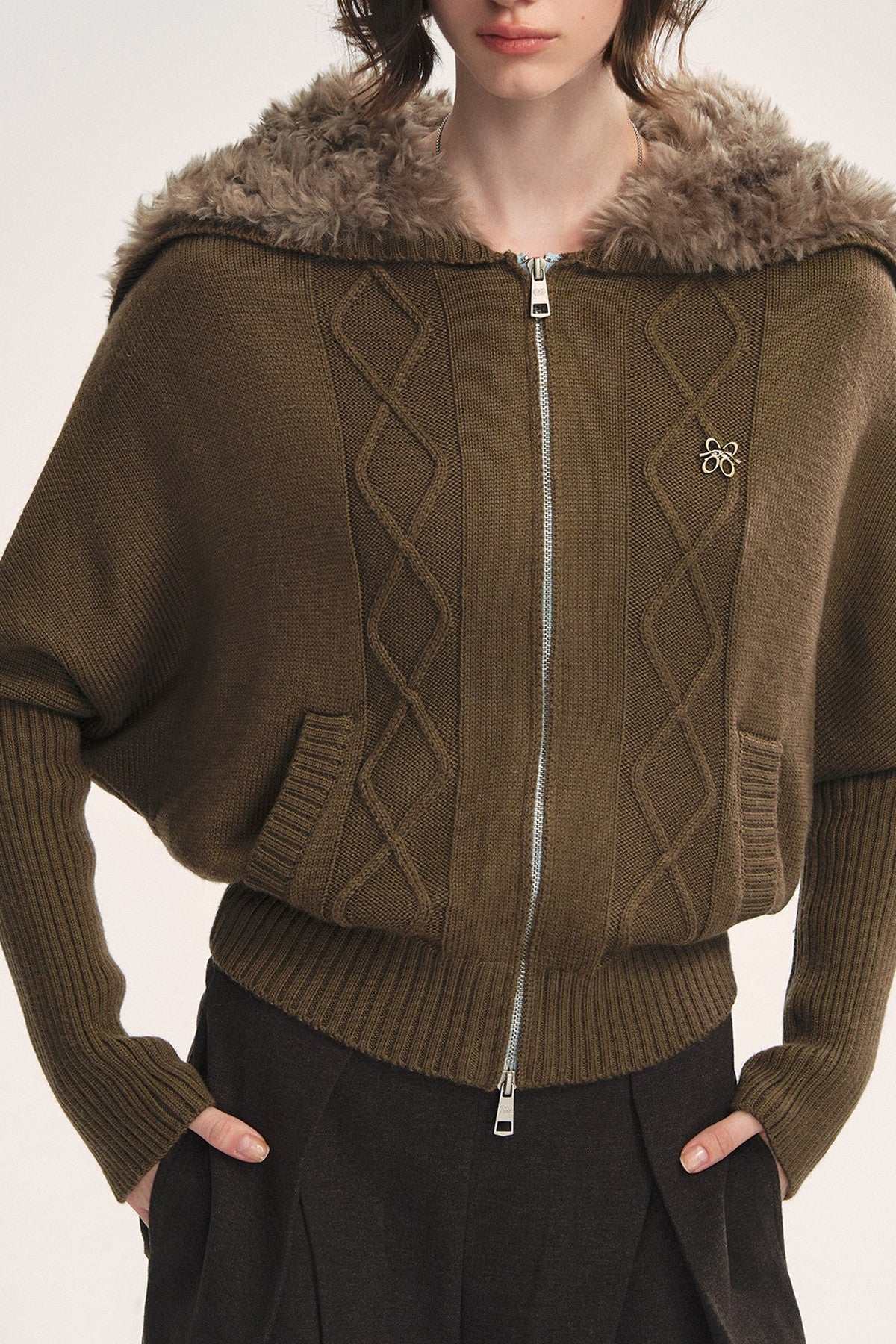 Detachable Navy Fur Collar Cable-Knit Cardigan