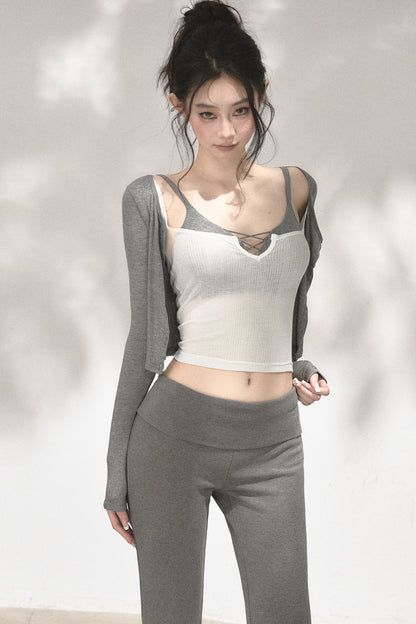 Textured Knit Cardigan Tank Top Three-Piece Set-Up