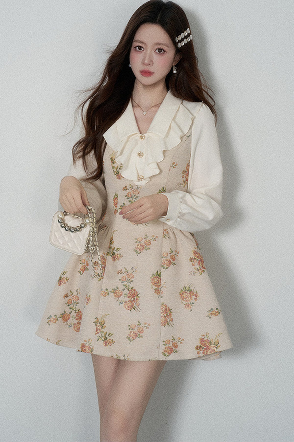 Floral Lantern Sleeve Ruffle Collar Dress