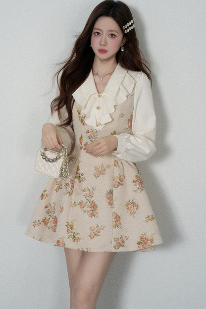 Floral Lantern Sleeve Ruffle Collar Dress