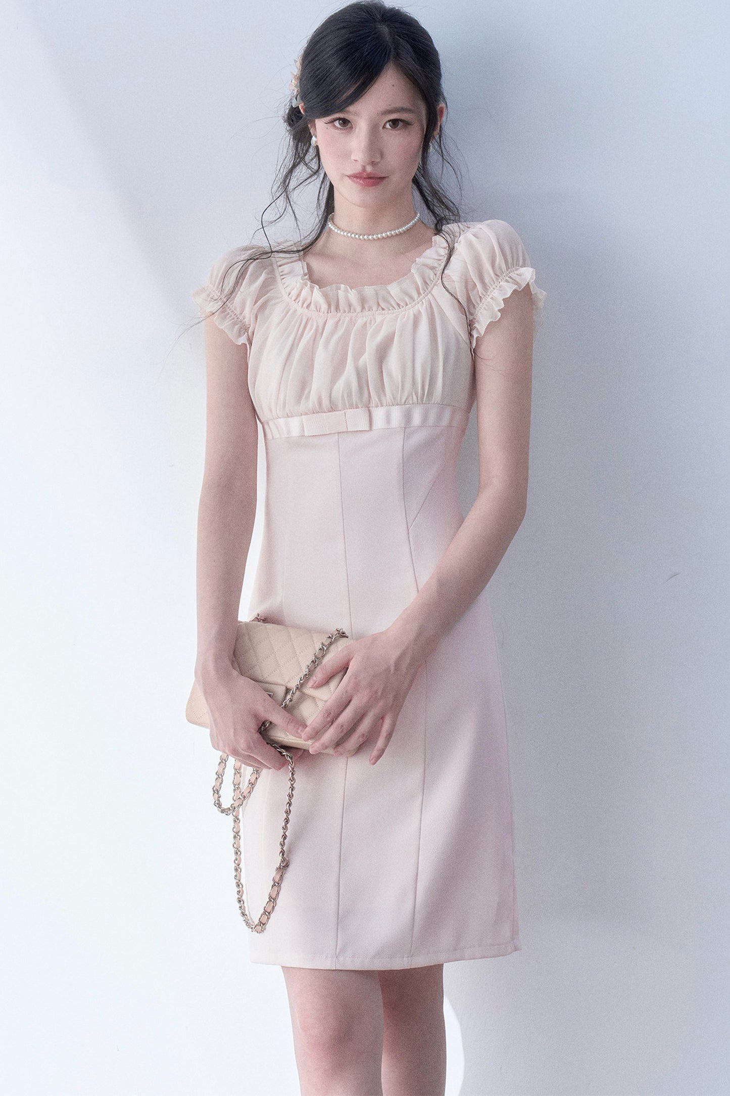 Pleated Lace Chiffon Dress
