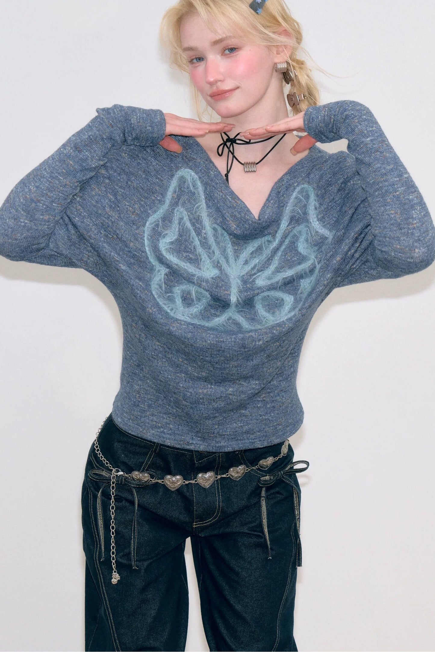Vintage Butterfly Embroidery Knit Top