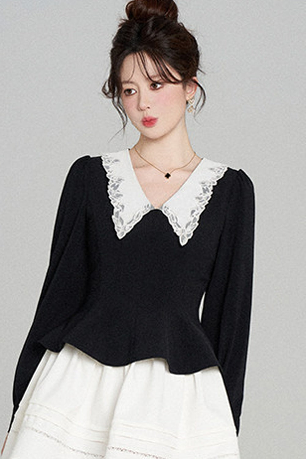 Peplum Waist Lace Collar Shirt