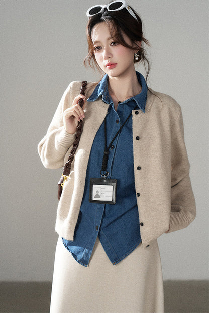 Layered-Look Denim Collar Sweater