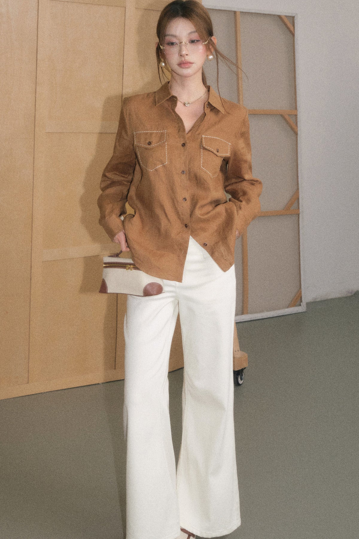 Color-Blocked Linen Shirt and White Pants Set-Up