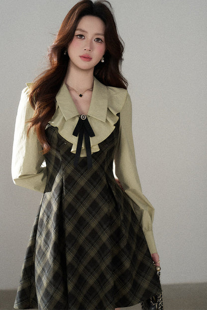 Green Long-Sleeve Layered-Look Dress