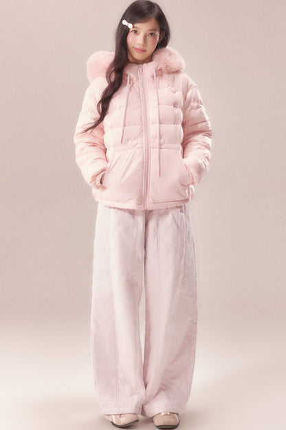 Heart Quilted Fur Collar Hooded Jacket