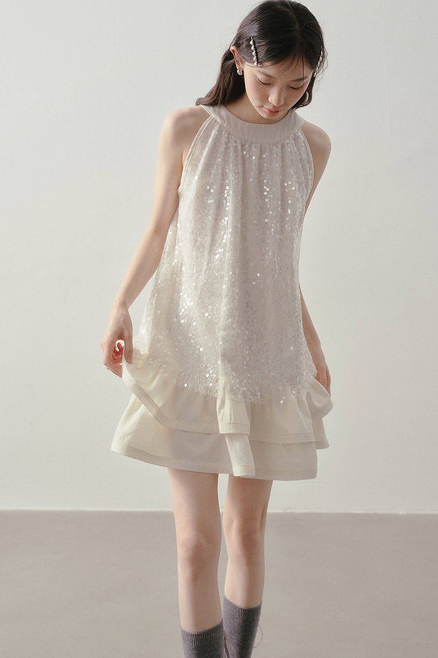 Sequin Halter A-Line Ruffle Short Dress