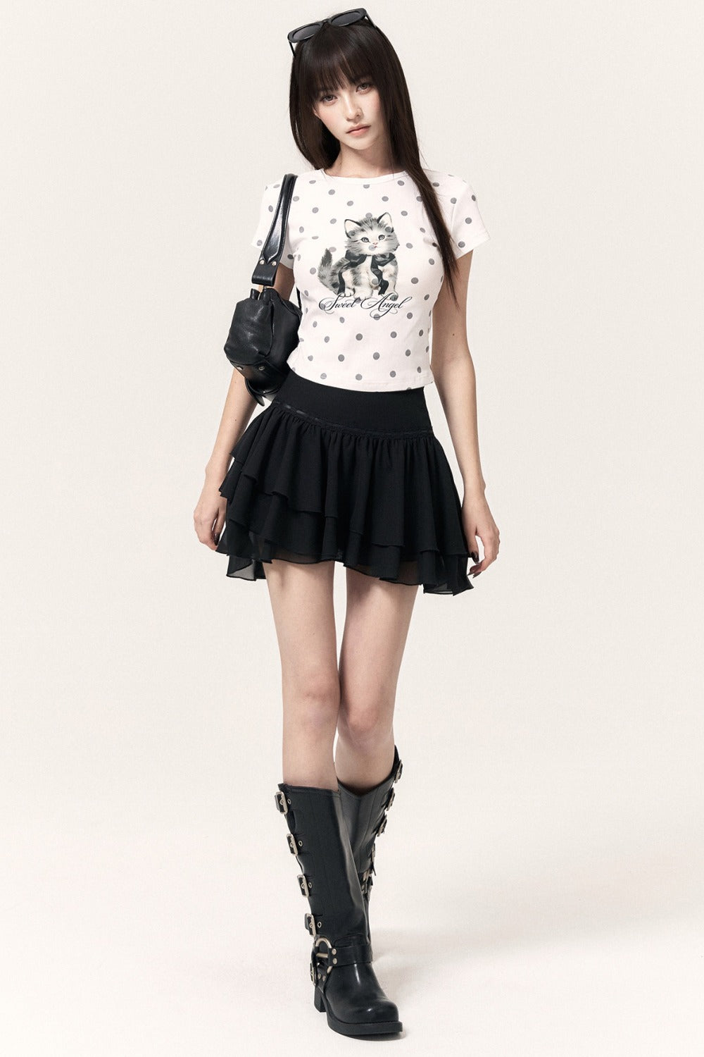 Cat Print Polka Dot Top Pants and Skirt Set-Up