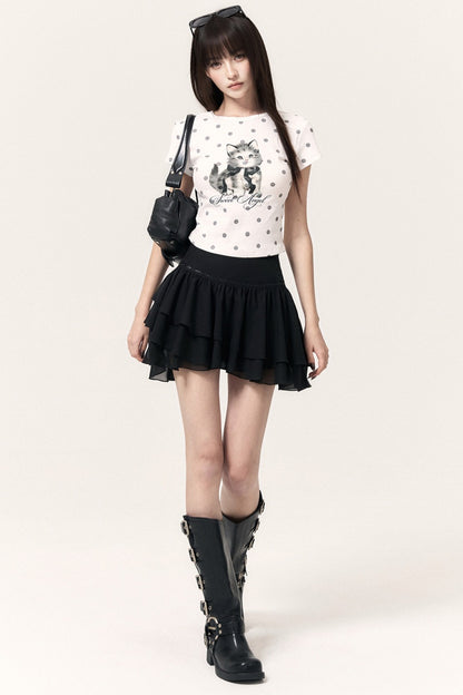 Cat Print Polka Dot Top Pants and Skirt Set-Up
