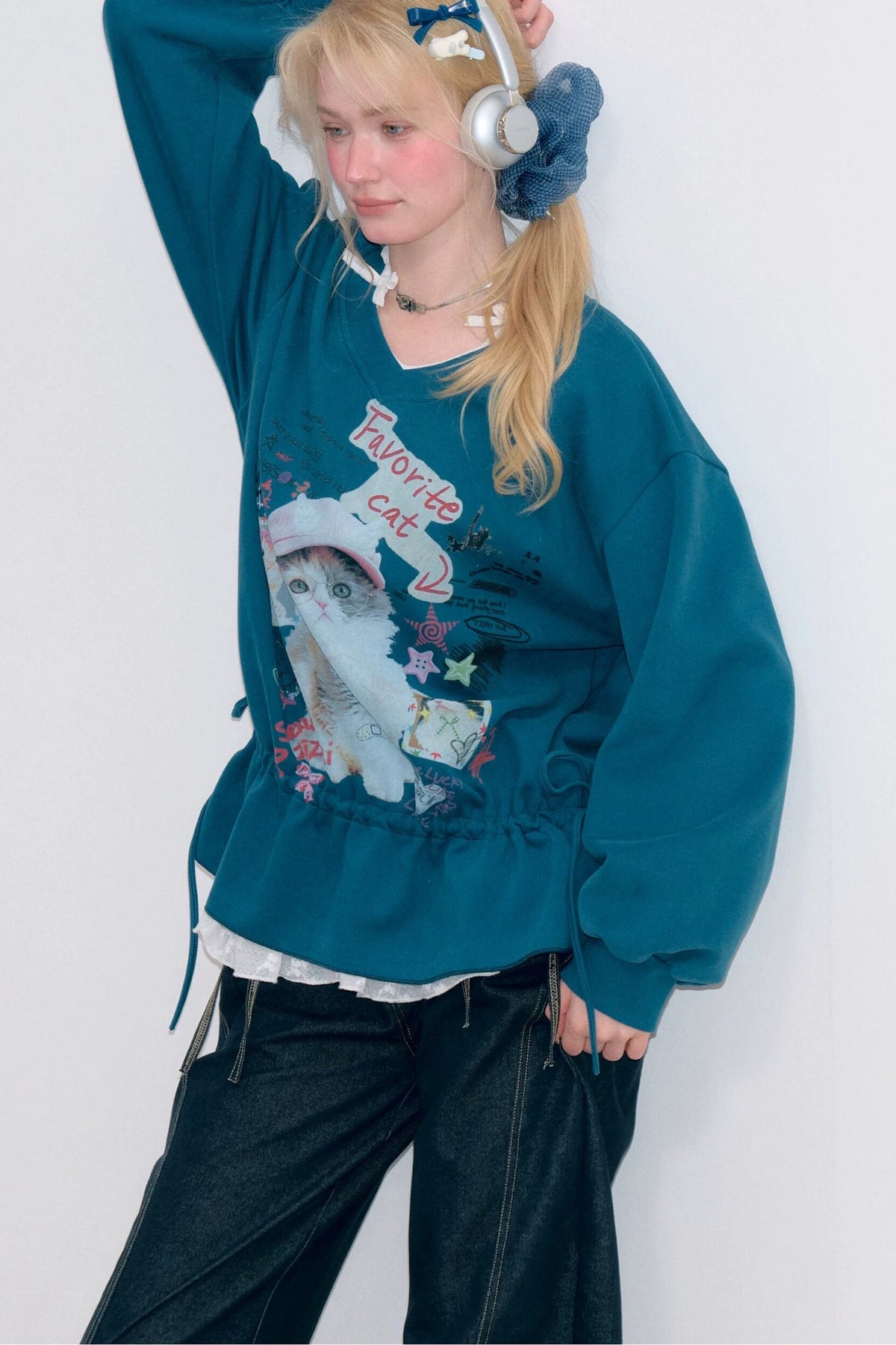 Cat Print V-Neck Drawstring Hem Sweatshirt