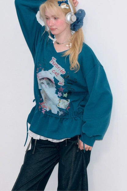 Cat Print V-Neck Drawstring Hem Sweatshirt