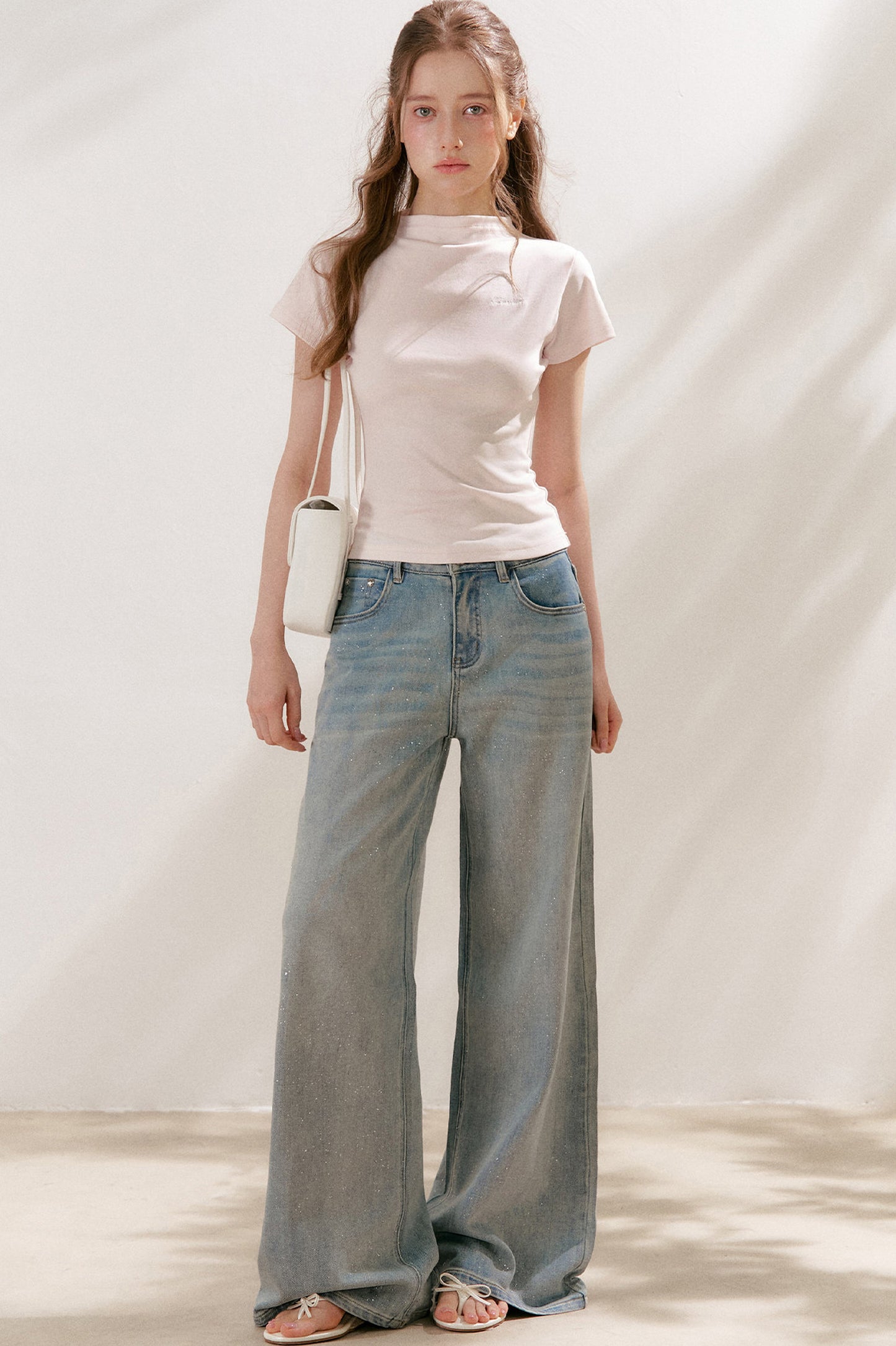 Silver Embellishment Straight Wide-Leg Loose Jeans