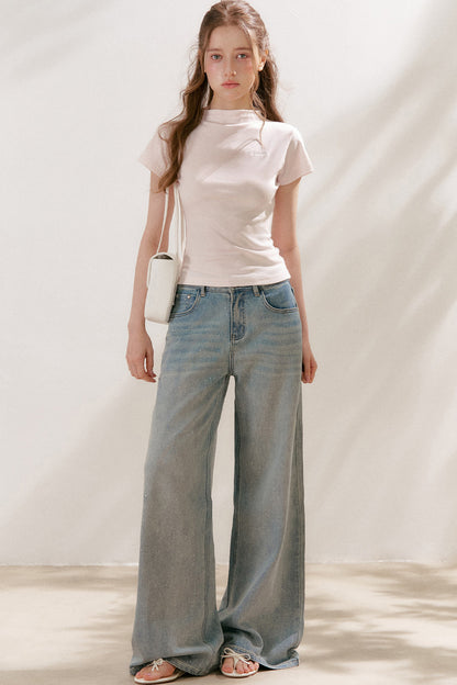 Silver Embellishment Straight Wide-Leg Loose Jeans