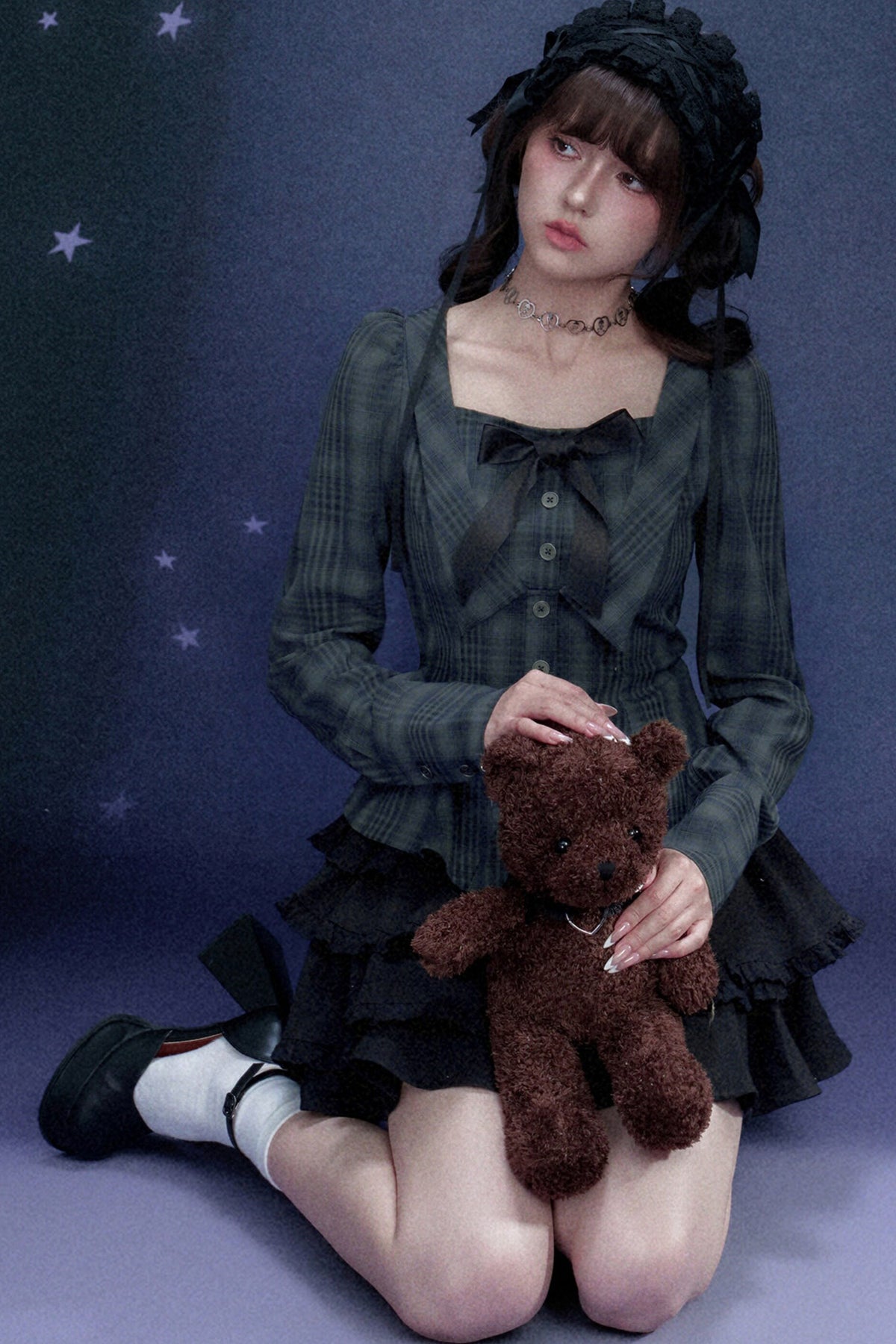 Blue Black Plaid Square Neck Shirt