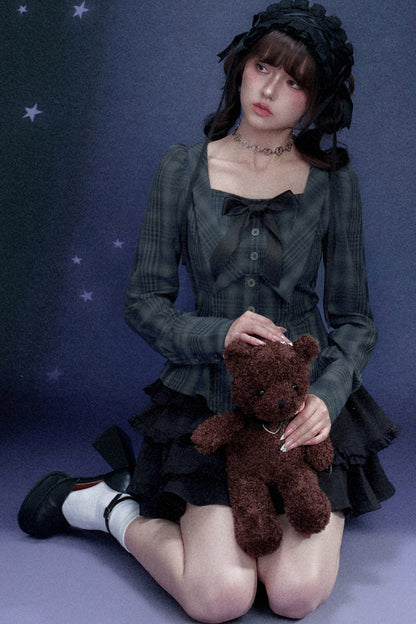Blue Black Plaid Square Neck Shirt