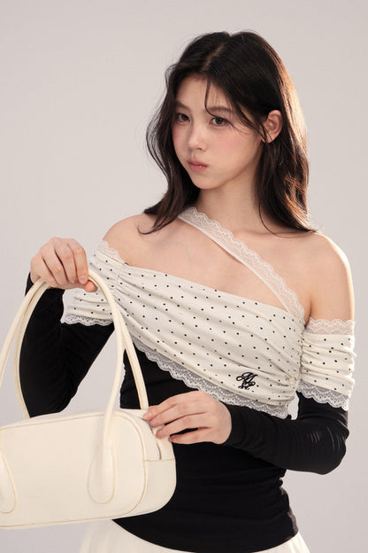 Polka Dot Spliced Lace Off-Shoulder T-Shirt