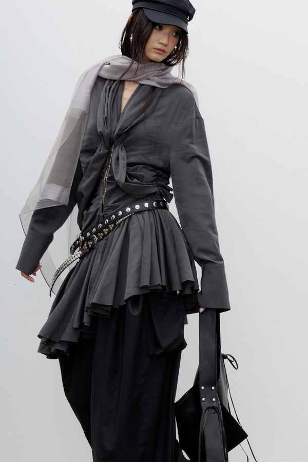Vestido camisero drapeado plisado asimétrico con bajo de volantes