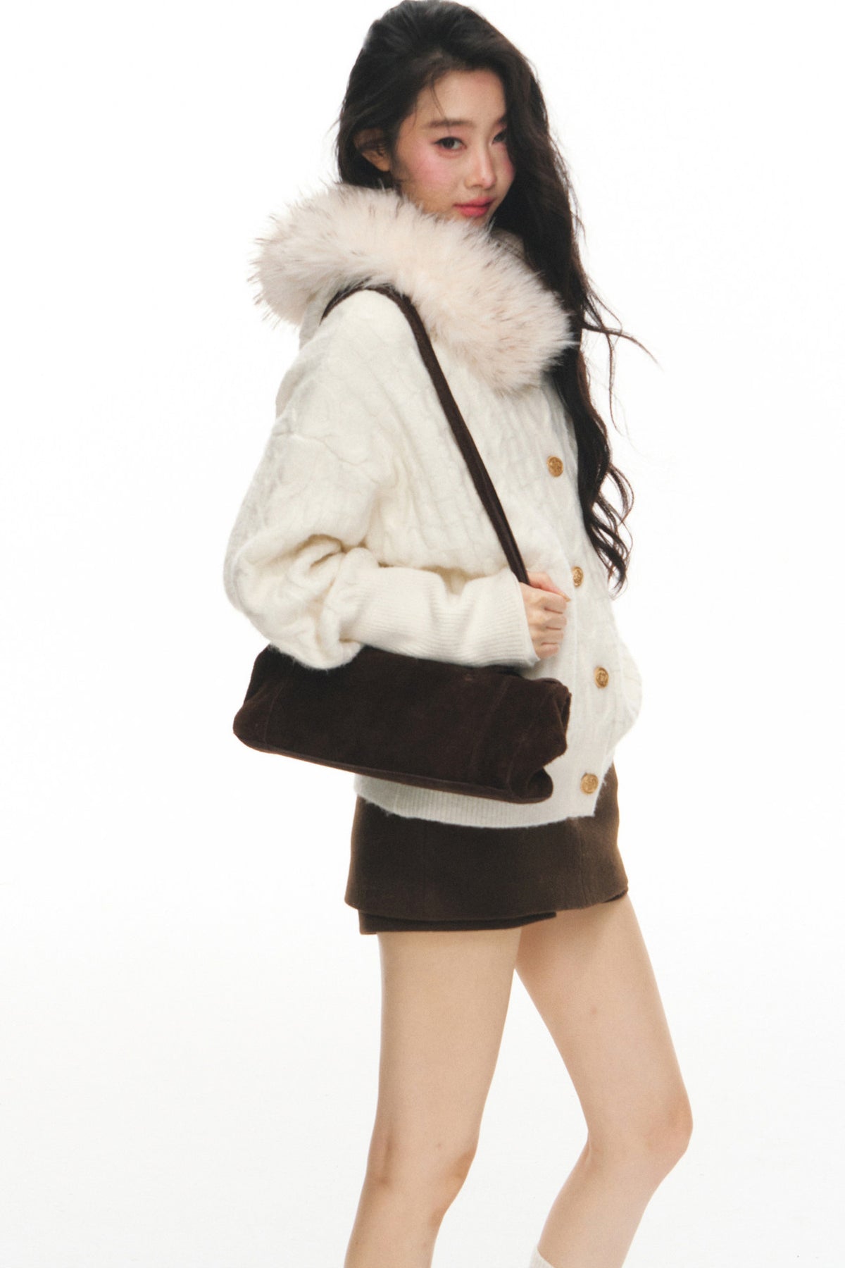 Fur Collar Knitted Cardigan and Skirt Set-Up
