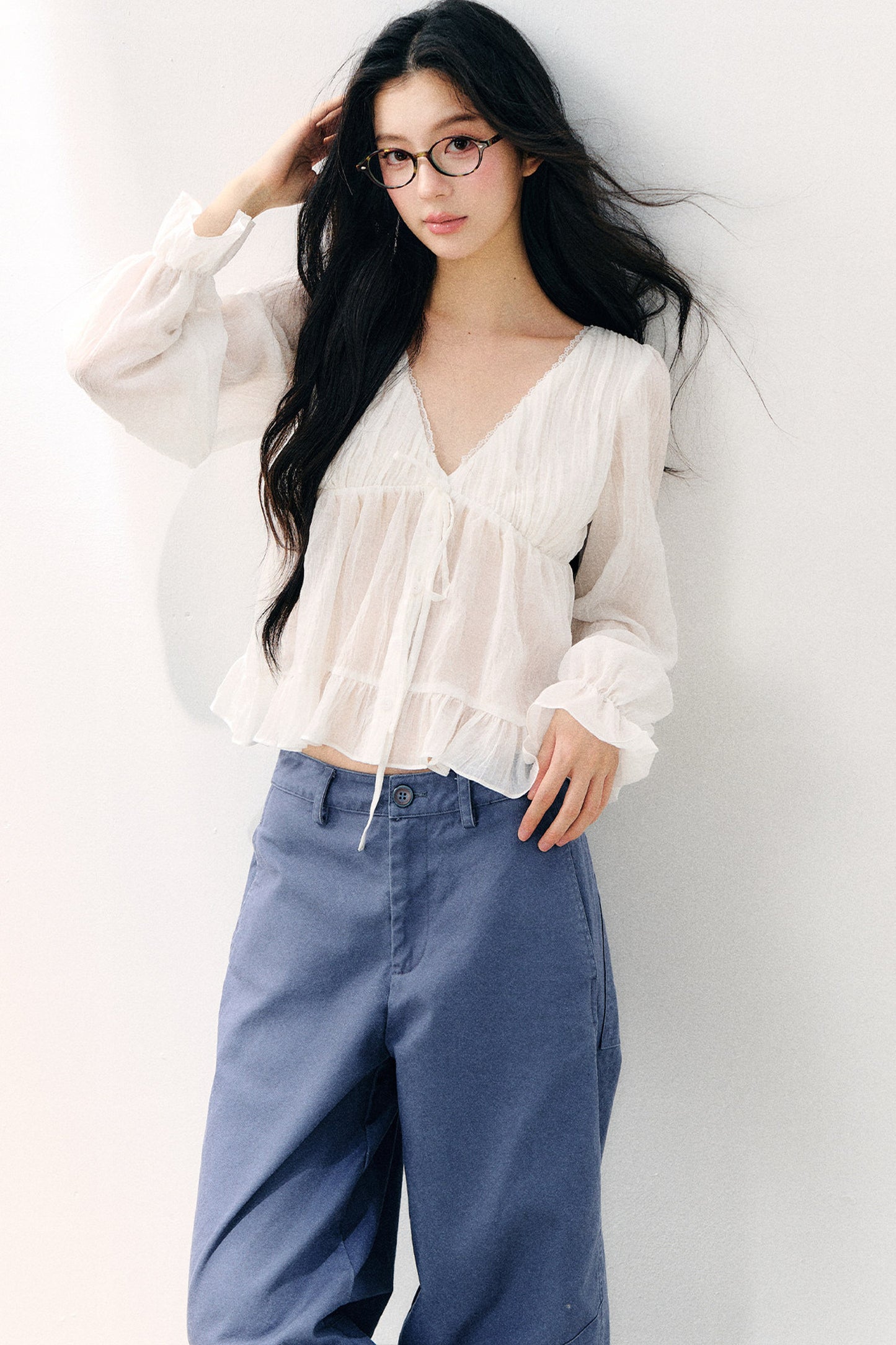 Tie Neck V-Neck Long Sleeve Ruffle Chiffon Blouse