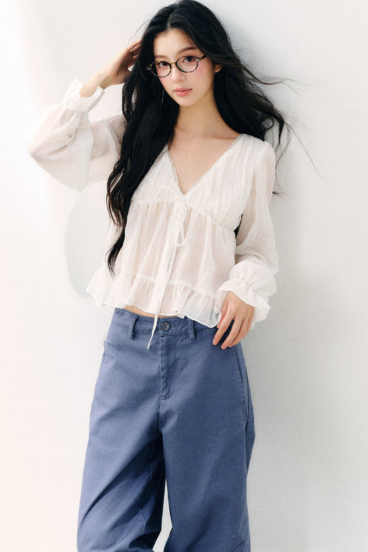 Tie Neck V-Neck Long Sleeve Ruffle Chiffon Blouse